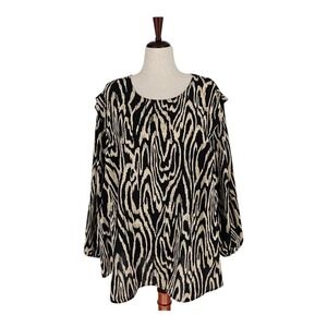 Who What Wear Blouse Womens 3X Black Tan Ikat Zebra Print Balloon Sleeve Top